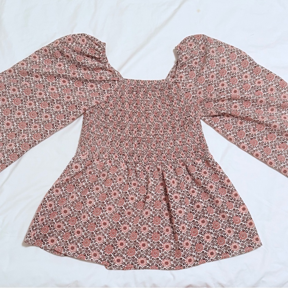 MIMI & DAPHNE Floral Boho Peasant Top Smocked Bodice Balloon Sleeve XS